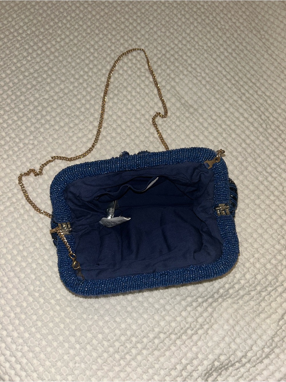 Anthropologie mirror beaded bag Navy Sequin Snap Closure Gold Convertible Chain - Picture 3 of 4